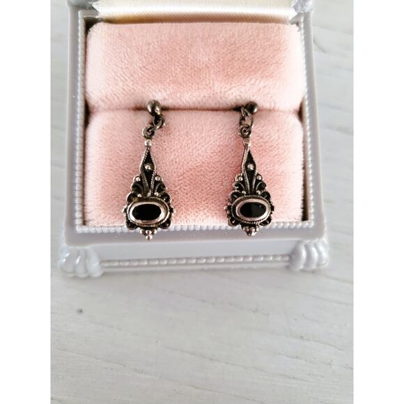 Vintage Dainty Onyx Sterling Silver Dangle Earrings - Picture 1 of 5